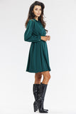 Elegant Green Flared Dress with Button Closure and Collar