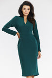 Elegant Green Midi Dress with Long Sleeves and V Neckline