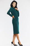 Elegant Green Midi Dress with Long Sleeves and V Neckline