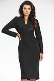 Elegant Black Midi Dress with V Neckline and Long Sleeves