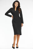Elegant Black Midi Dress with V Neckline and Long Sleeves