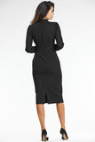 Elegant Black Midi Dress with V Neckline and Long Sleeves