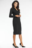 Elegant Black Midi Dress with V Neckline and Long Sleeves