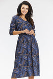 Elegant Navy Blue Kimono Midi Dress with Long Sleeves
