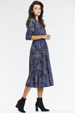 Elegant Navy Blue Kimono Midi Dress with Long Sleeves