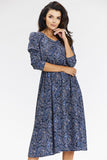 Elegant Navy Blue Kimono Midi Dress with Long Sleeves