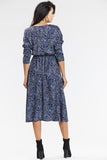 Elegant Navy Blue Kimono Midi Dress with Long Sleeves