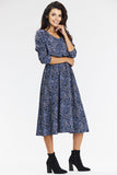 Elegant Navy Blue Kimono Midi Dress with Long Sleeves