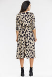 Elegant Beige and Black Kimono Midi Dress with Long Sleeves