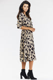 Elegant Beige and Black Kimono Midi Dress with Long Sleeves