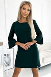 Elegant Dark Green Dress with Flared Sleeves & Lace Inset