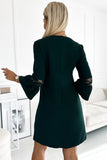 Elegant Dark Green Dress with Flared Sleeves & Lace Inset