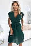 Elegant Green Chiffon Pleated Dress with Ruffled Shoulders