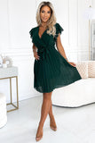 Elegant Green Chiffon Pleated Dress with Ruffled Shoulders