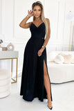 Elegant Black Strapless Maxi Dress with Slit & Brocade Fabric