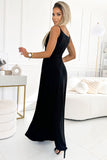 Elegant Black Strapless Maxi Dress with Slit & Brocade Fabric