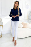 Elegant Navy Blue Long Sleeve Business Blouse with Front Binding
