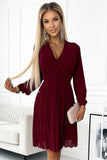 Burgundy Pleated Chiffon Dress with Long Sleeves & Neckline
