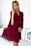 Burgundy Pleated Chiffon Dress with Long Sleeves & Neckline