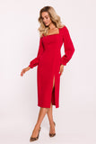 Elegant Crimson Midi Dress with High Slit and Romantic Sleeves