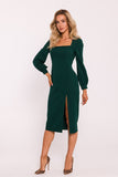 Elegant Crimson Midi Dress with Romantic Sleeves & High Slit