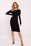 Chic Ribbed Cotton Knit Long-Sleeved Dress with Asymmetrical Neckline