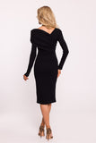 Chic Ribbed Cotton Knit Long-Sleeved Dress with Asymmetrical Neckline