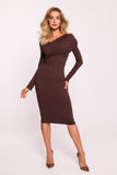Chic Ribbed Cotton Knit Long-Sleeved Dress with Asymmetrical Neck