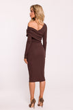 Chic Ribbed Cotton Knit Long-Sleeved Dress with Asymmetrical Neck