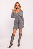 Elegant Ribbed Cotton Knit Mini Dress with Tie Belt