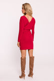 Elegant Ribbed Cotton Knit Mini Dress with Tie Belt
