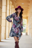 Feminine Envelope Cut Dress with Tie Waist and Long Sleeves