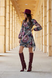Feminine Envelope Cut Dress with Tie Waist and Long Sleeves