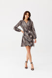 Feminine Envelope Cut Mini Dress with Tie Waist and Long Sleeves
