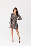 Feminine Envelope Cut Mini Dress with Tie Waist and Long Sleeves