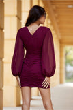 Elegant V-Neck Dress with Draped Skirt and Long Sleeves