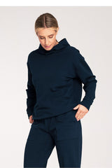 Chic Cotton Sweatshirt with Cat Eye Design & Loose Collar - navy blue / L