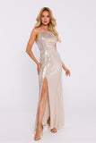 Elegant Metallic Maxi Dress with High Slit and Neck Binding