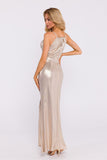 Elegant Metallic Maxi Dress with High Slit and Neck Binding