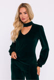 Chic Halter Neck Velour Blouse with Elegant Button Detail
