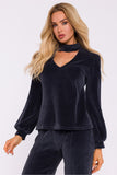 Chic Halter Neck Velour Blouse with Elegant Sleeves