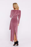 Elegant Velour Knit Dress with High Slit and Sash Detail