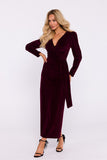 Elegant Velour Knit Dress with High Slit and Sash Detail