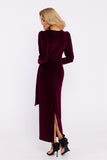 Elegant Velour Knit Dress with High Slit and Sash Detail