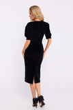 Elegant Velour Knit Dress with Back Slit and Cuffed Sleeves