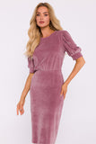 Elegant Velour Knit Dress with Cuffed Sleeves and Slit