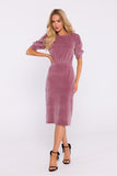 Elegant Velour Knit Dress with Cuffed Sleeves and Slit