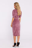 Elegant Velour Knit Dress with Cuffed Sleeves and Slit