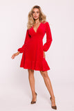 Elegant Velour Knit Dress with V-Neck and Ruffled Hem