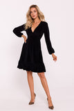 Elegant Velour Knit Dress with V-Neck and Ruffle Hem